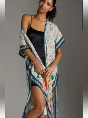 NWT retail$ 118 size ALL #Maeve woven Floral Printed Kimono DusterTeal Trim